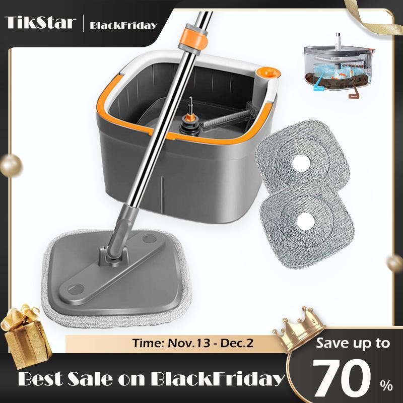 TikStar Spin Mop Bucket Set with Self-Separating Dirty & Clean Water System, Self-Drying 360° Spin Square Mop Head for Hardwood Tile Marble Floors