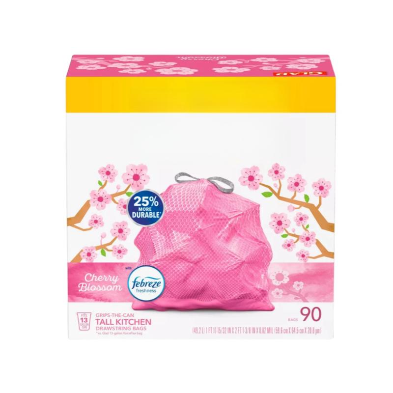 Tall Kitchen Drawstring Pink Trash Bags - Cherry Blossom，Drawstring Cherry Blossom Odor Shield - 13 Gallon