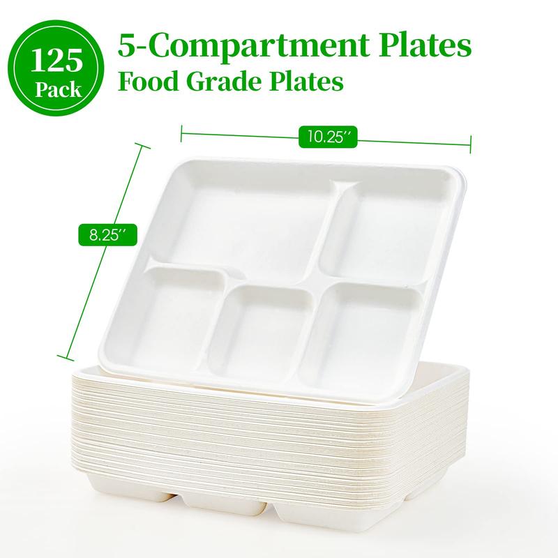 ECOLipak 100% Compostable 5 Compartment Plates, 125 Pack Disposable Paper Plates, Heavy-Duty Biodegradable Sugarcane Plates, Eco-Friendly School Lunch Trays disposable plate