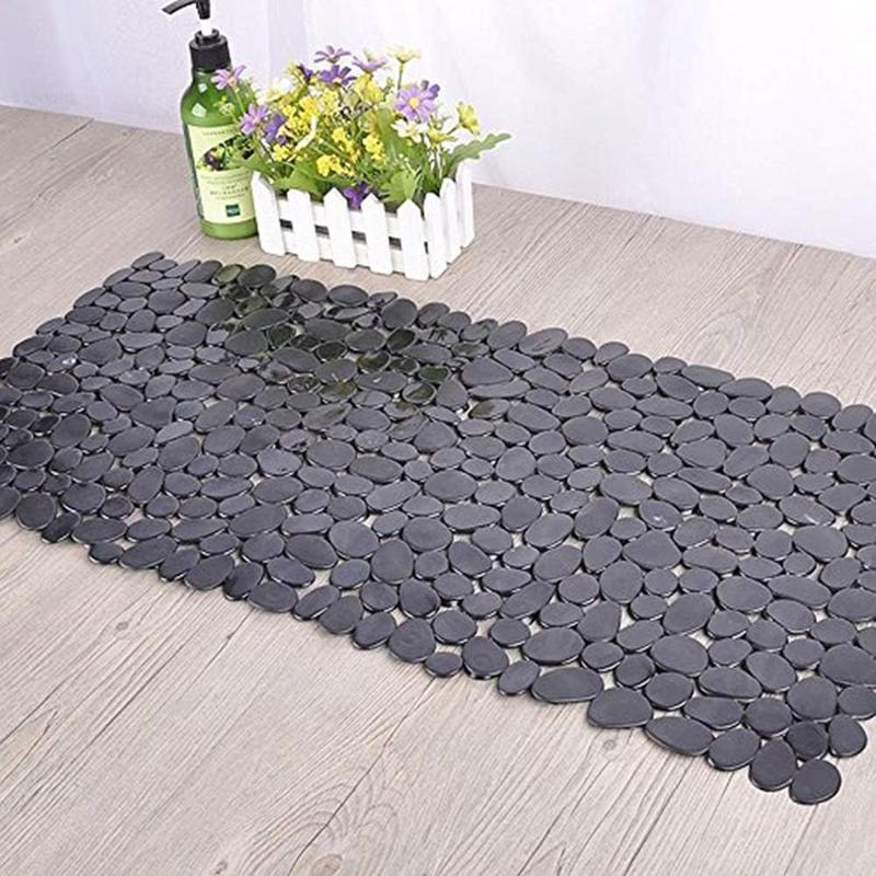 Non-Slip Pebble Bathtub Mat Black 16 W x 35 L Inches (for Smooth Non-Textured Tubs Only) Safe Shower Mat with Drain Holes, Suction Cups for Bathroom