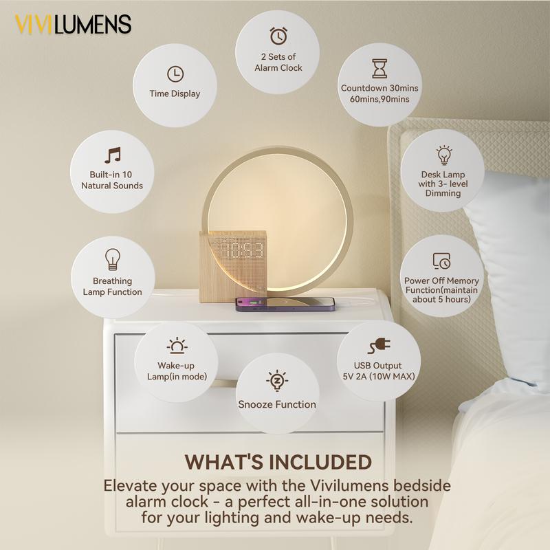 Vivilumens Sunrise Alarm Clock for Heavy Sleepers Adults, Wake-up Light, Sleep Aid 10 White Noise Sound Machines with 30 60 90 Timer, 3 Level Dimmable Touch Table Lamp with Snooze USB Charger Port