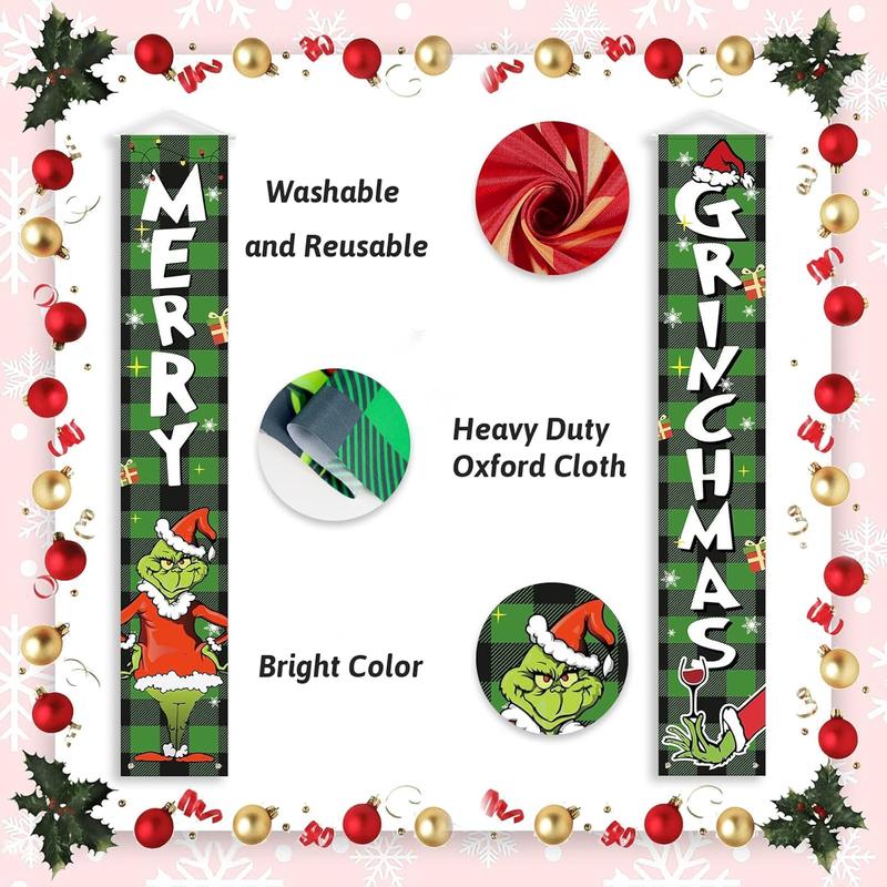 Grinchs Christmas Decorations, Christmas Decorations Outdoor Front Porch Door Sign Set - 3  Green MERRY GRINCHMAS Banner - Indoor Outdoor Xmas Decor Wall Front Door Yard