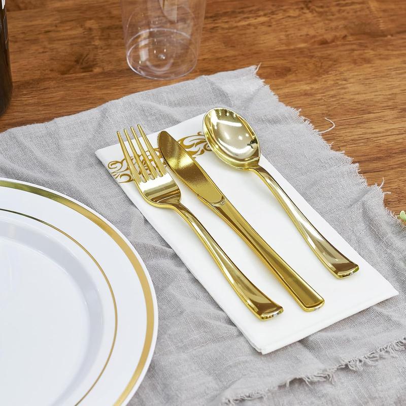 350 count Gold Disposable Plates for 50 Guests, Disposable Plastic Plates for Party, Wedding, Dinnerware Set of 50 Dinner Plates, 50 Salad Plates,50 Cups and 50 Pre Rolled Napkin, Gold