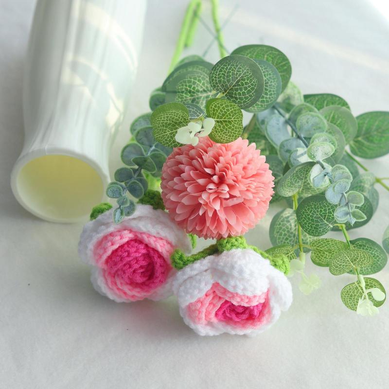 Ombre Crochet Rose Flower Ornament With Vase & Simulated Leaf, 1 Set Creative Bouquet Decoration For Home & Wedding & Party, Spring Home Decor