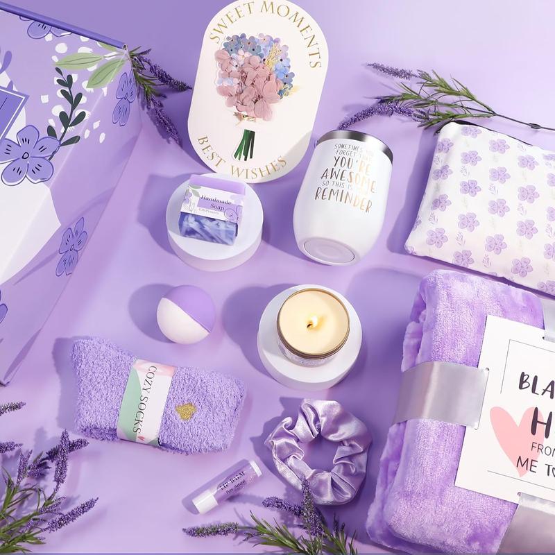 Gift Basket for Women, Birthday Gifts for Women Friendship, Self Care Gifts Get Well Soon Gifts Basket for Women, Thinking of You Gifts w Flannel Blanket for Mom  Friend Sister Wife (Purple)