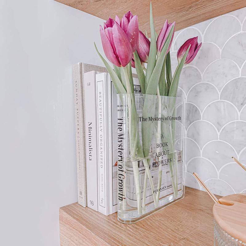 Bookend Vase for Flowers - Cute Bookshelf Decor; Unique Vase for Book Lovers, Artistic and Cultural Flavor Acrylic Vases for Home Office Decor, A Book about Flowers