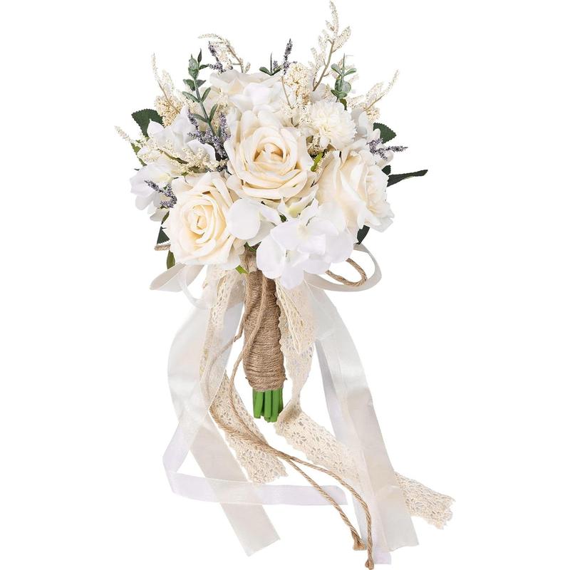 Wedding Bouquets for Bride Bridesmaid, White Champagne Artificial Roses Flowers Wedding Decoration (7.5in)