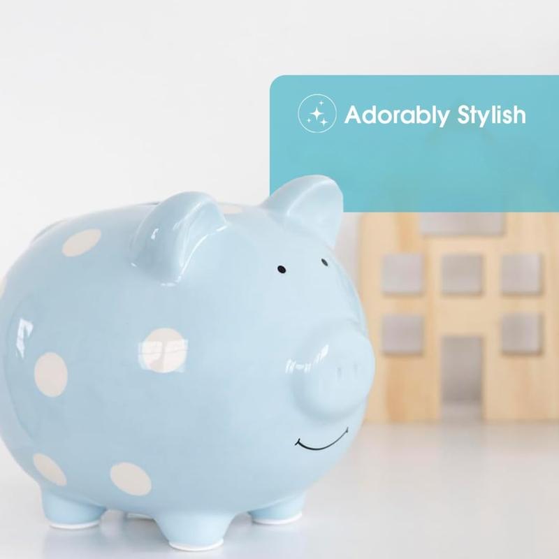 Large Ceramic Piggy Bank, Ideal for Boys and Girls, Money and Coin Bank, Great Gift, Blue Polka Dots Decor Ornaments