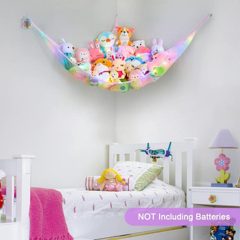 Stuffed animal net hammock toy storage with LED light plush toy organizer corner hanging stuffed animal holder for nursery girls room decor Wall Hangable