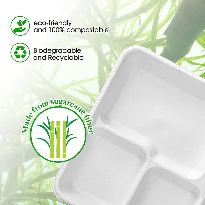 ECOLipak 100% Compostable 5 Compartment Plates, 125 Pack Disposable Paper Plates, Heavy-Duty Biodegradable Sugarcane Plates, Eco-Friendly School Lunch Trays disposable plate