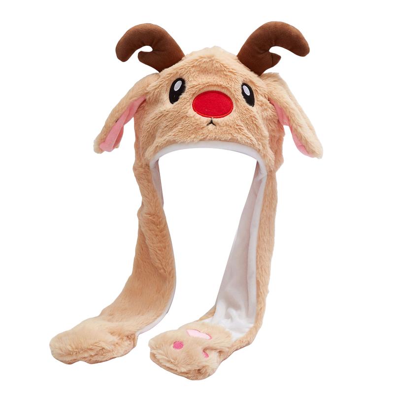 Cute Christmas Reindeer Hat with Moving Ears, Plush Flap Hat with Paw, Jumping Beating Hat for Boys Girls Gift