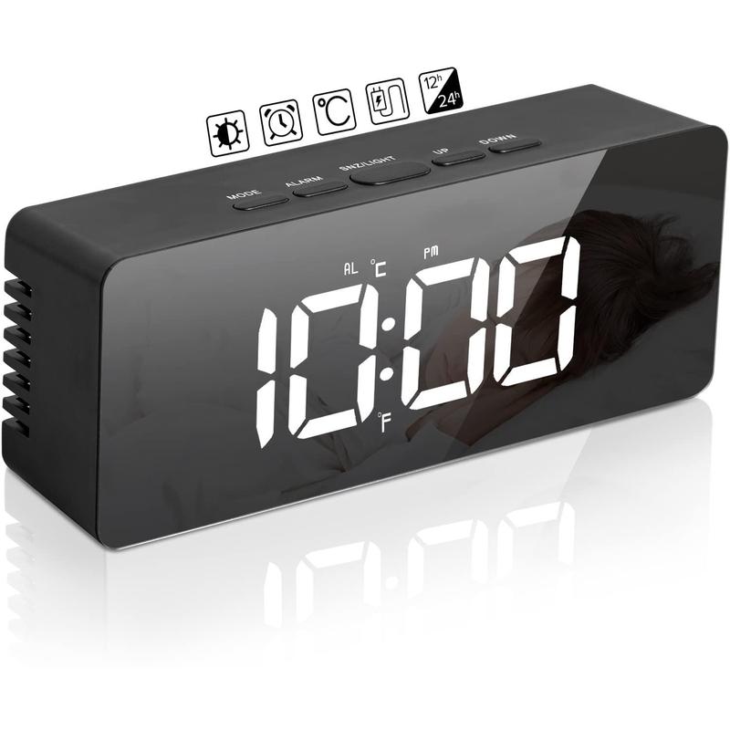 Digital Alarm Clock, Snooze Time Temperature Function Bedside Clock, Adjustable Brightness Mirror Surface LED Display Alarm Clock, Home Office Decorative Clock