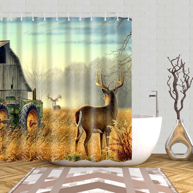 Farmhouse Pattern Shower Curtain, Natural Style Waterproof Exquisite Bathroom Curtain with 12 Hooks, Home Decor Supplies for Bathroom Hotel Salon Dormitory