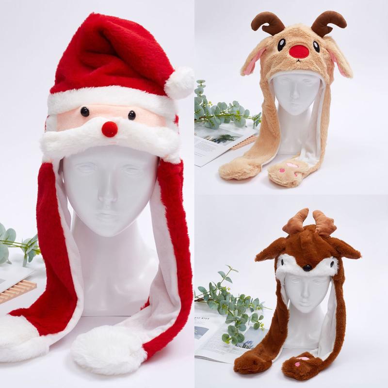 Cute Christmas Reindeer Hat with Moving Ears, Plush Flap Hat with Paw, Jumping Beating Hat for Boys Girls Gift