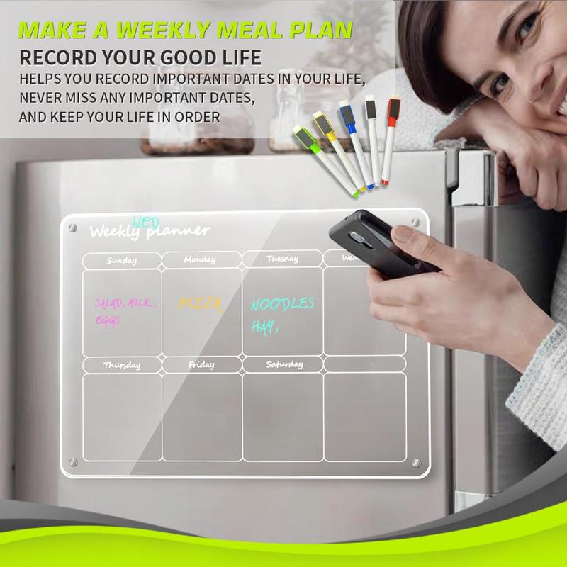 Magnetic Refrigerator Clear Calendar Board, 2 Counts set Acrylic Weekly Monthly Planner Calendar, Reusable Planning Calendar with 5 Marker Pen, Original Family Home Set, School Supplies