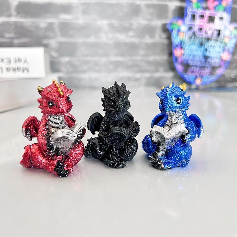 Cute Dragon of Reading Design Resin Ornament, 5 Counts Mini Dragon Statue, Evil Collectible Medieval Fantasy Statue Decoration, Home Decor