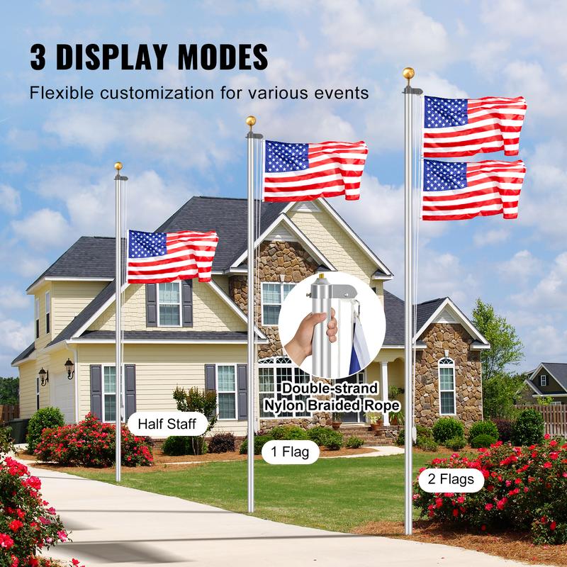 VEVOR 25FT Sectional Flag pole Kit, Heavy Duty Aluminum Alloy in Ground Flag poles for Outside, 3 Display Modes Flagpole with 3x5 American Flag, Professional Accessories, Silver Banners Lightweight