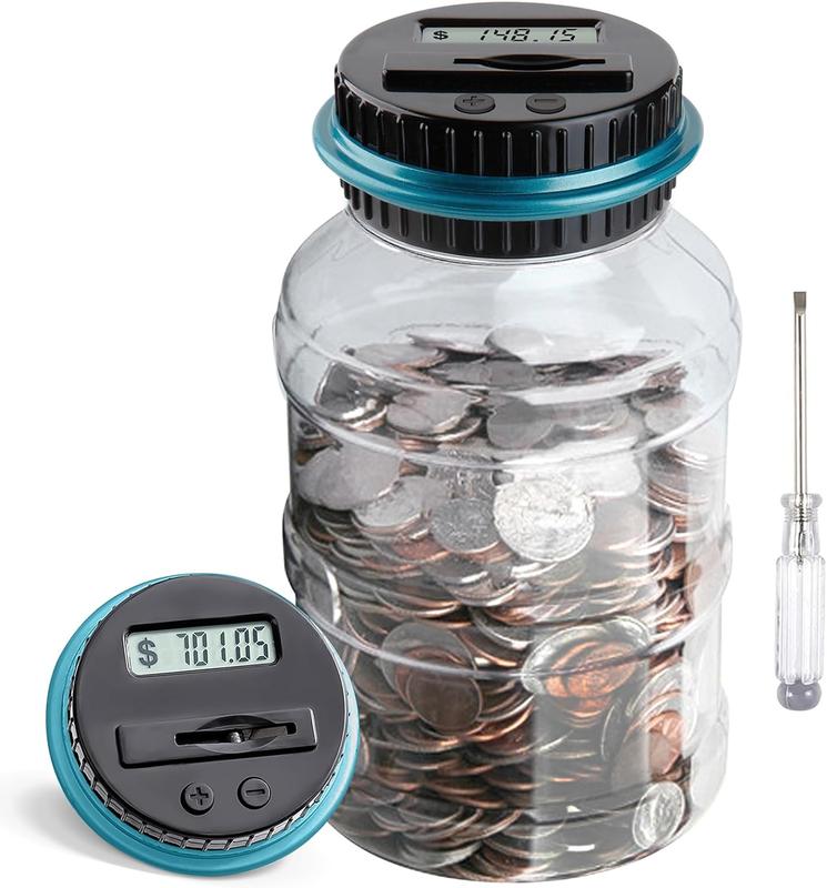 Large Piggy Bank for Boys Adults, Digital Coin Counting Bank with LCD Counter, 1.8L Capacity Coin Bank Money Jar for Adults, Designed for All US Coins (Blue)