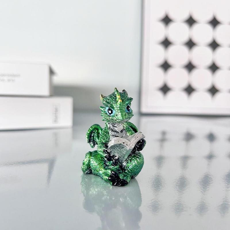 Cute Dragon of Reading Design Resin Ornament, 5 Counts Mini Dragon Statue, Evil Collectible Medieval Fantasy Statue Decoration, Home Decor