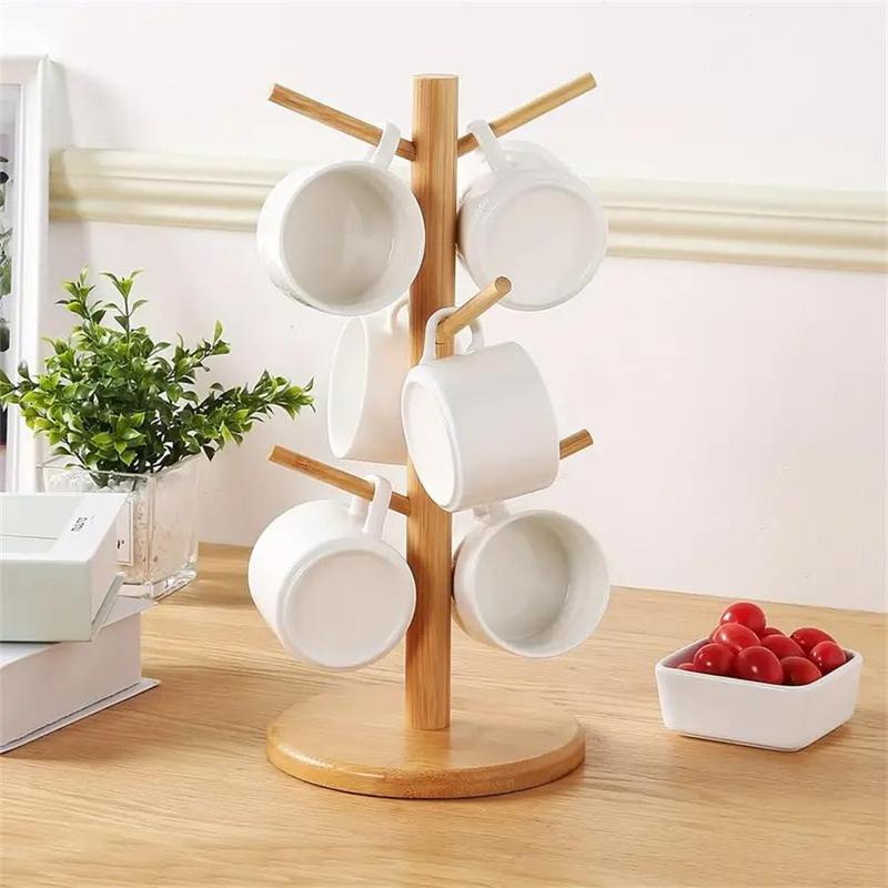 Bamboo Mug Holder Tree, 1 Count Coffee Cup and Tea Cup Organizer with 6 Hooks for Countertop, Stylish Coffee Bar Accessory