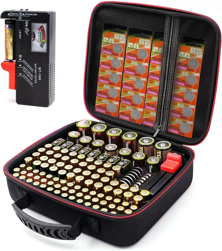 Battery Organizer Storage Case with Tester (BT168), Battery Storage Case Holds 126 Batteries Various Sizes AAA AA C D 9V Lithium 3V, Battery Box Holder Hard Case(Not Includes Batteries)