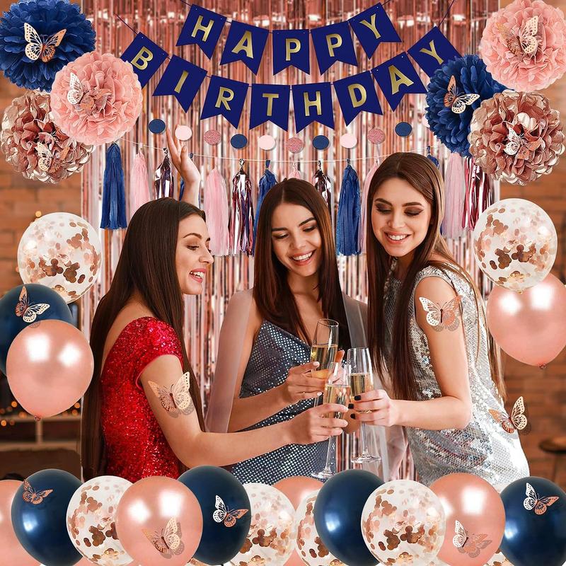 Rose Gold and Navy Blue Birthday Party Decorations for Women with Happy Birthday Banner,Curtains, Butterfly Wall,Circle Dots Garland,Tissue Pompoms,Paper Tassels Garland Birthday for Her (blue)