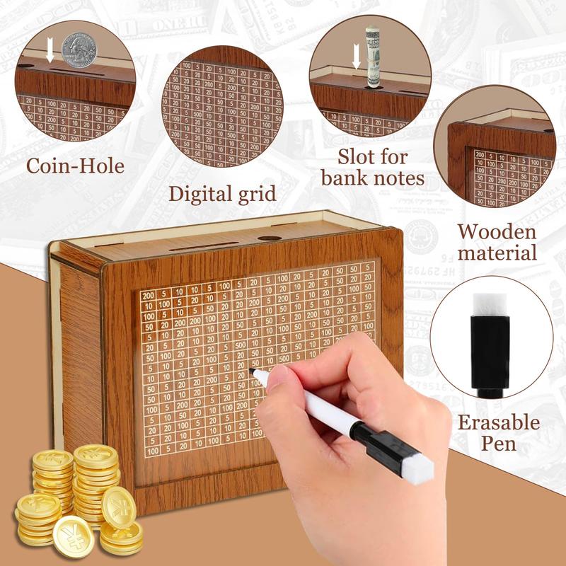 Wooden Money Box with Counter, 1 Count Money Saving Box with Pen, Money Saving Jar, Piggy Bank for Adults & Kids, Money Jar Gift for Friend