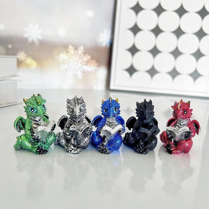 Cute Dragon of Reading Design Resin Ornament, 5 Counts Mini Dragon Statue, Evil Collectible Medieval Fantasy Statue Decoration, Home Decor