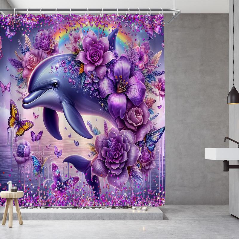 Dolphin Pattern Shower Curtain, 1 4 Counts Bathroom Decoration with 12pcs Hooks, Bathroom Accessories for Home Dormitory Hotel Decor