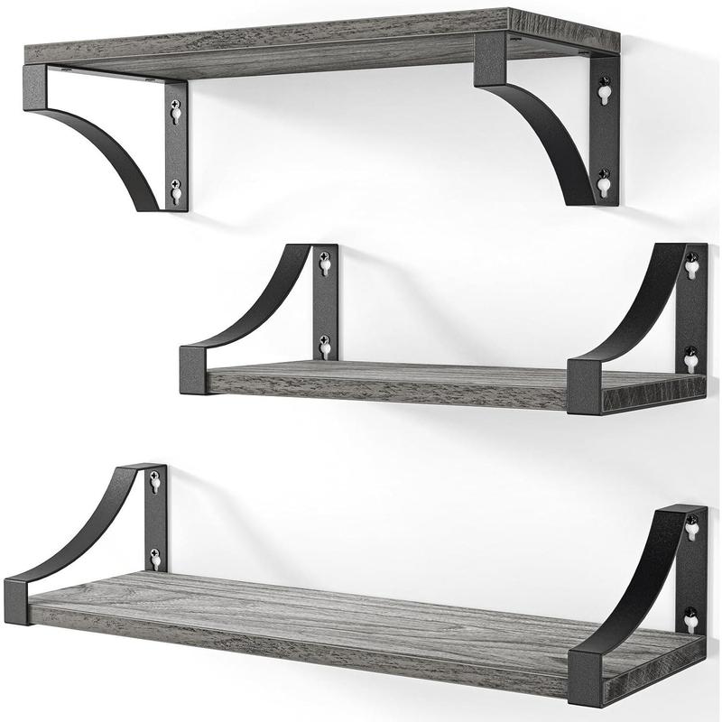 Wall Shelves Set of 3, Floating Shelves Hold up to 55lbs, Rustic Wood Wall Shelves for Bedroom, Bathroom, Living Room, Kitchen, Storage & Decoration, Gray Wooden