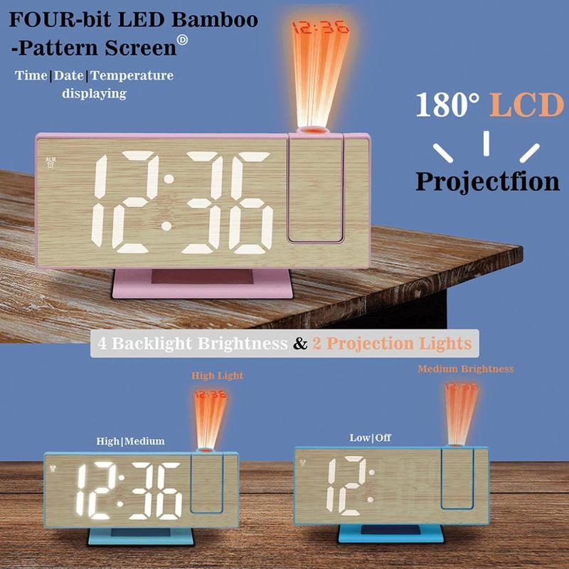 Bamboo Pattern LED Projection Alarm Clock, 1 Count Battery Powered 12 24 Hour Clock with Date & Temperature Display, Home Decor for Bedroom Living Room