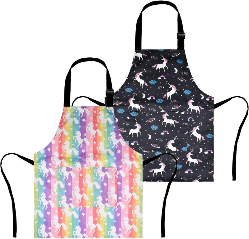 2 Pack Boys Dinosaur Apron, Girls Rainbow Unicorn Aprons for Cooking, Painting, Kitchen Chef Apron for  3-12 Years