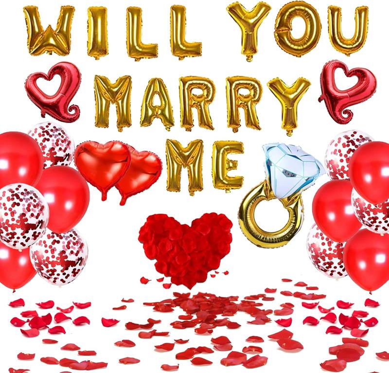 Will You Marry Me Decorations Balloon   Wedding Proposal Decorations Idea  Will You Marry Me Sign Banner   Ring Engagement Balloon  Rose Petals Heart Shaped Balloons for Valentines