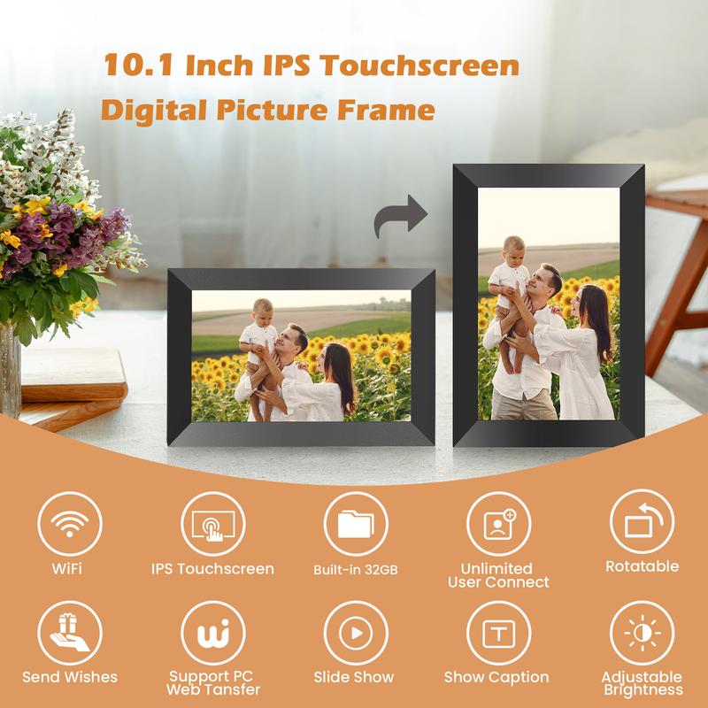 10.1 Inch WiFi Digital Picture Frame 1280x800 HD IPS Touch Screen, Electronic Smart Photo Frame with 32GB Storage, Auto-Rotate, Instantly Share Photos Videos and Send Best Wishes from Anywhere