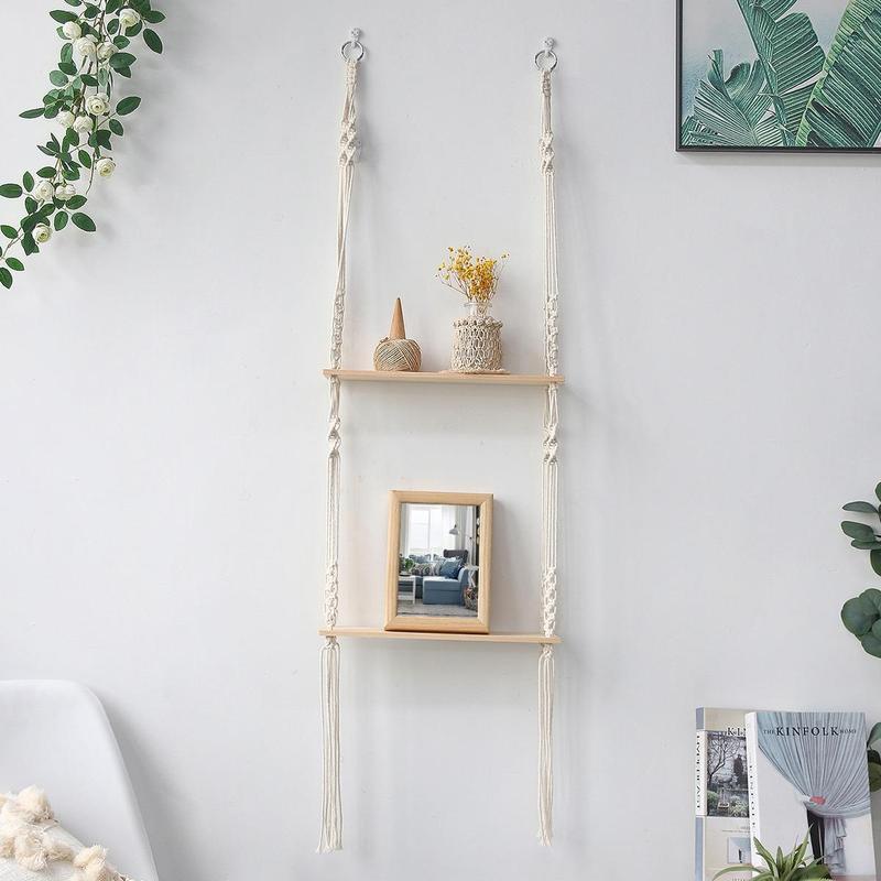 1 Count Wooden Wall Hanging Shelf, Boho Style Tassel Decor Hanging Rack, Floating Shelves for Home Bedroom Living Room Decor