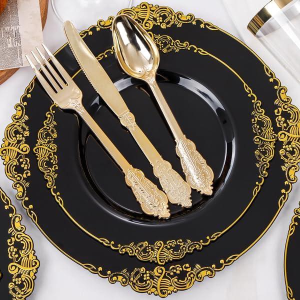 Nervure 350PCS Black and Gold Plastic Plates - Black Plastic Dinnerware Sets for 50 Guests - 100 Black Disposable Plates, 150 Gold Plastic Silverware, 50 Cups, 50 Napkins for Wedding & Party