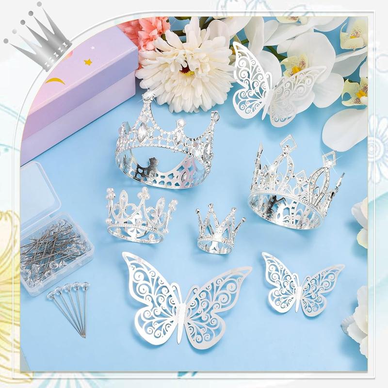 Flower Bouquet Accessories Including 4 Pcs Silver Crowns, 12 Pcs Butterfly Decorations and 50 Pcs Flower Pins for Flower Bouquets and Cake Topper Decoration