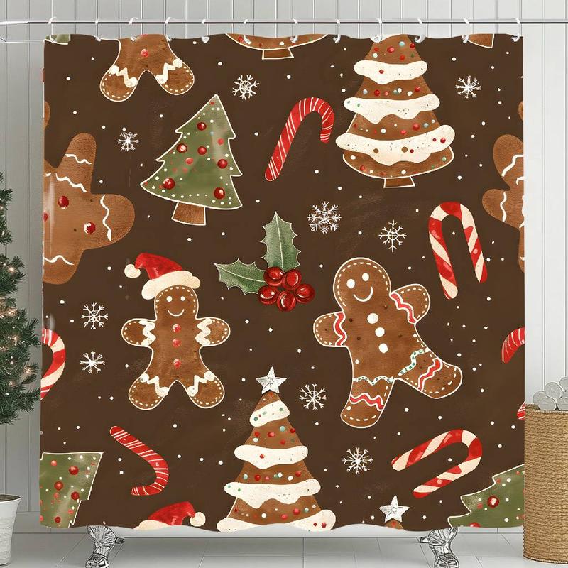 Christmas Themed Shower Curtain Decoration, 1 Count Gingerbread & Christmas Tree Pattern Bathroom Curtain with 12 Hooks, Bathroom Decor Supplies for Home Hotel Salon Dormitory