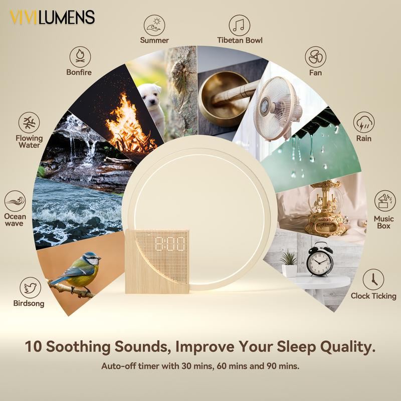 Vivilumens Sunrise Alarm Clock for Heavy Sleepers Adults, Wake-up Light, Sleep Aid 10 White Noise Sound Machines with 30 60 90 Timer, 3 Level Dimmable Touch Table Lamp with Snooze USB Charger Port