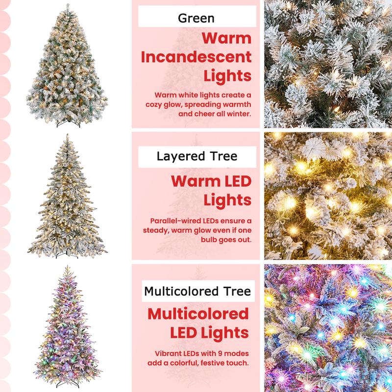 Yaheetech Pre-lit Artificial Christmas Tree with Incandescent Warm White Lights, Snow Flocked Full Prelighted Xmas Tree Foldable Stand Decor Decoration Ornaments