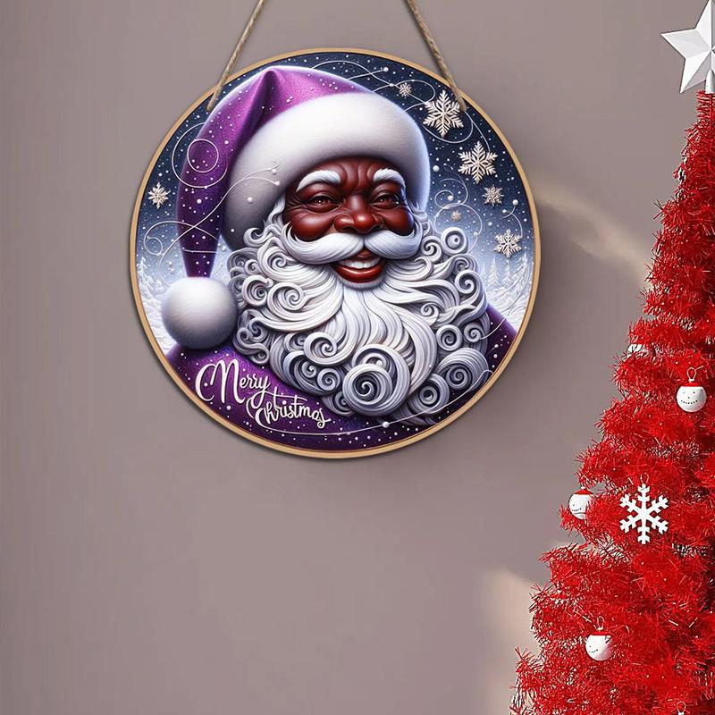 Wooden Round Christmas Decoration without Wreath, 1 Count Santa Claus Pattern Hanging Ornament, Garden Decoration, Home Decor for Living Room Bedroom