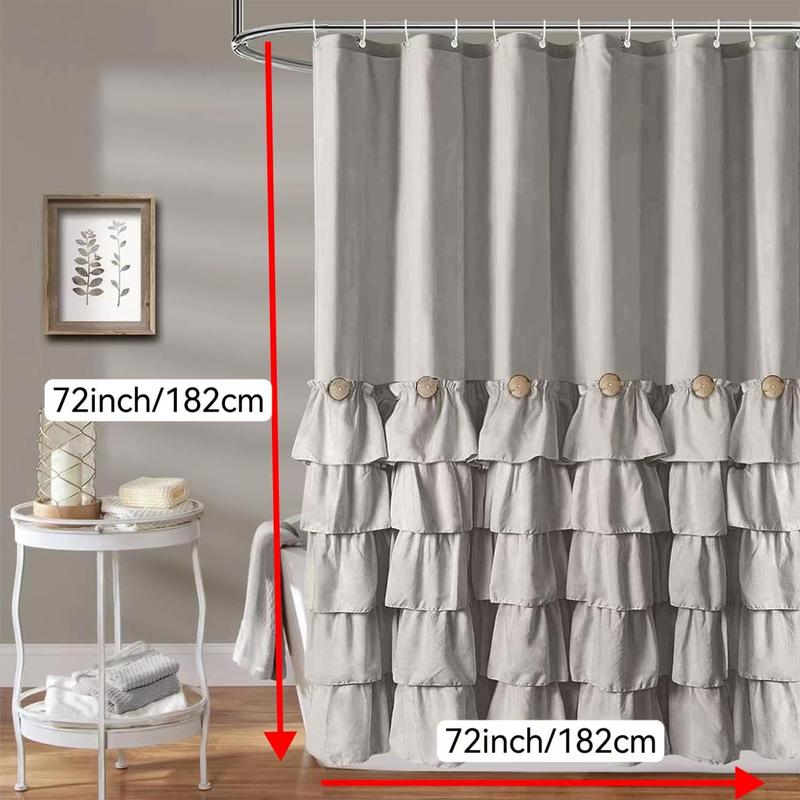 Solid Color Ruffle Trim Shower Curtain, Woven Layered Ruffle Design Shower Curtain with Natural Button Accents, Machine Washable Polyester Bath Curtain, Bathroom Decor, Bathroom Accessories