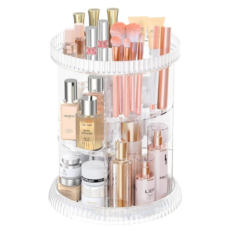 360 Rotating Makeup Organizer for Vanity, 3 Tier Adjustable Perfume Organizer for Dresser, Multi-Function Spinning Cosmetics Skincare Organizer for Bedroom, Dresser, Countertop, Clear acrylic  organizer