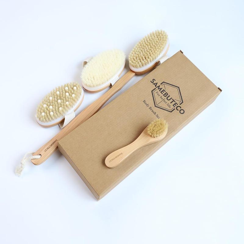 Long Handle Dry Brush Set with 3 Detachable Heads, Boar Bristle Exfoliator for Lymphatic Drainage and Cellulite, Shower Scrubber Brush.