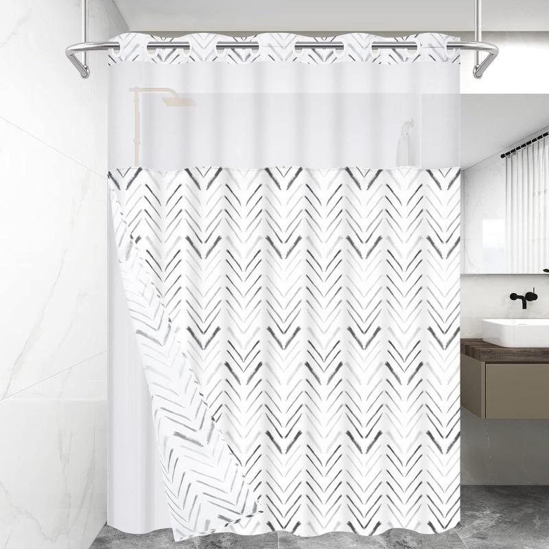 No Hook Shower Curtain with Snap in Liner,Herringbone Shower Curtain and Liner Set, Modern Shower Curtain Set with Liner,Waterproof,Dle Layer,Washable shower curtain