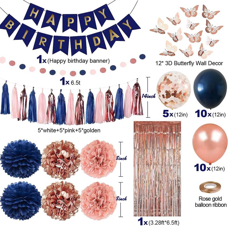 Rose Gold and Navy Blue Birthday Party Decorations for Women with Happy Birthday Banner,Curtains, Butterfly Wall,Circle Dots Garland,Tissue Pompoms,Paper Tassels Garland Birthday for Her (blue)