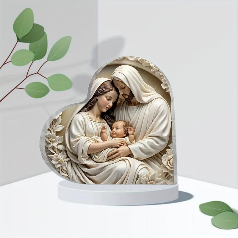 Nativity Acrylic Ornament, 1 Count Heart Shaped Christian Desktop Decor, Table Decoration for Home Office Bedroom Party