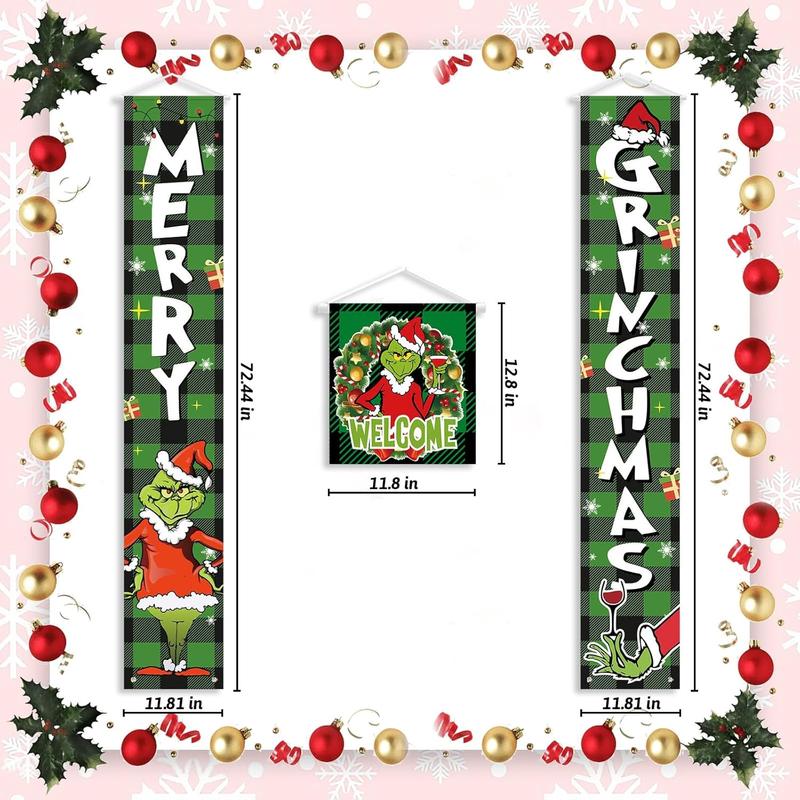 Grinchs Christmas Decorations, Christmas Decorations Outdoor Front Porch Door Sign Set - 3  Green MERRY GRINCHMAS Banner - Indoor Outdoor Xmas Decor Wall Front Door Yard