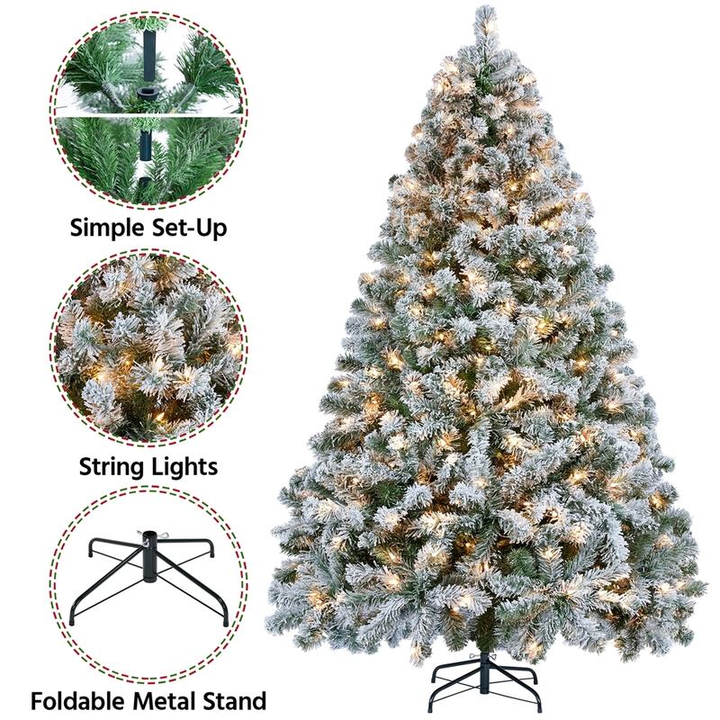 Yaheetech Pre-lit Artificial Christmas Tree with Incandescent Warm White Lights, Snow Flocked Full Prelighted Xmas Tree Foldable Stand Decor Decoration Ornaments