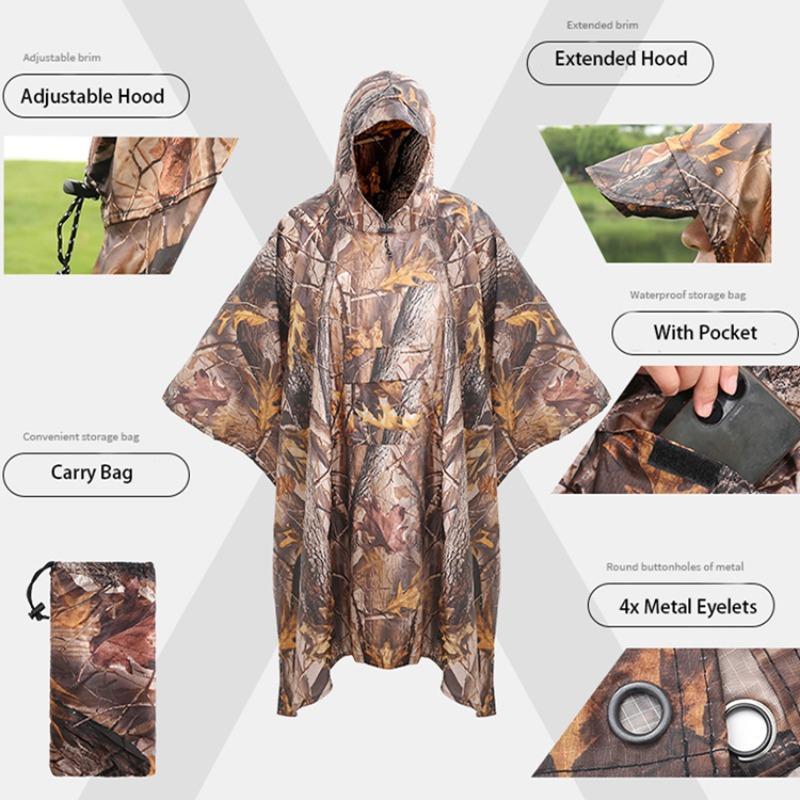 Camouflage Pattern Raincoat, 1 Count Portable Waterproof Raincoat, Outdoor Hiking Climbing Camping Raincoat, Multifunctional Cape Raincoat